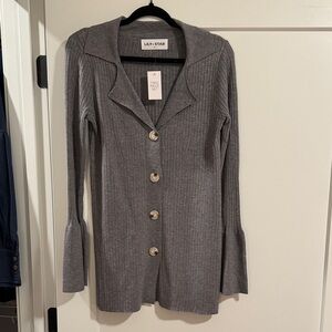 Lily Star Gray Ribbed Cardigan with Flared Sleeves and matching ribbed pants